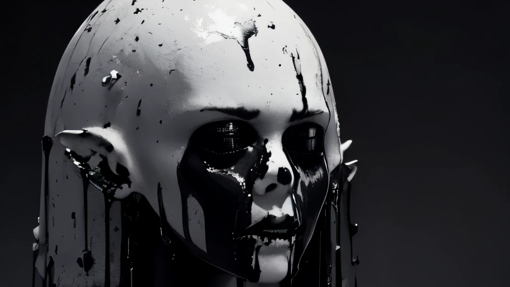 bs, solo, simple background, monochrome, upper body, greyscale, bodysuit, black background, 1other, monster, arms at sides, horror (theme), a girl, her jaw is broken, blooded