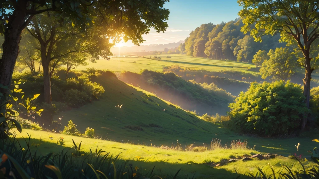 birds eye view of nature with the sun shining in the distance in the uk. The setting has a sunny and a bright atmosphere, with soft lighting casting a gentle glow on the surroundings. anime style