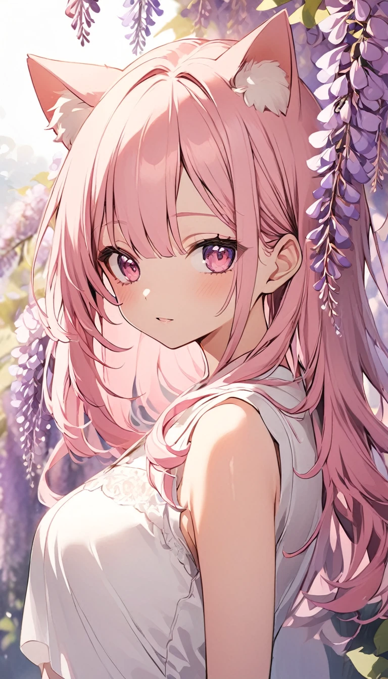 One girl, alone, Cute girl with pink hair, Pink Eyes, Wisteria flower background, Soft natural light, Cat ear, Sleeveless white shirt