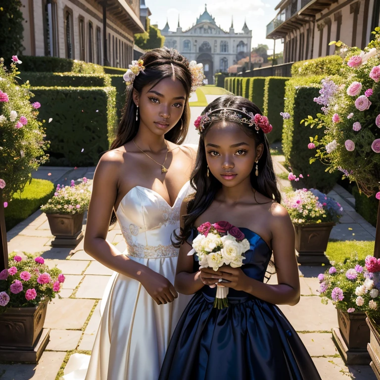 (​masterpiece, best quality:1.5), highest quality, High resolution, super detailed, Realists, Upper body photo of an 18 year old black flower girl, dark skin, detailed and beautiful eyes, beautiful detailed lips, very detailed eyes and face, longeyelashes, 18-year-old woman in a blue short sparkling rhinestone dress made of shiny satin fabric, Beautiful and colorful makeup, elegant and noble々Pose,shiny satin headband, grind, Holding flowers, Gardens as background, soft daylight, bright colors, fine brushstrokes, Portrait style, Noble details in the dress fabric, beautiful color palette, glowing skin, First-class rendering, that captures every detail, enchanting atmosphere, subtle shadows and lights, (perfect ???????:1.2), (The two stunning 18-year-old flower girls carry baskets of rose petals. (magnificent panorama view:1.2)