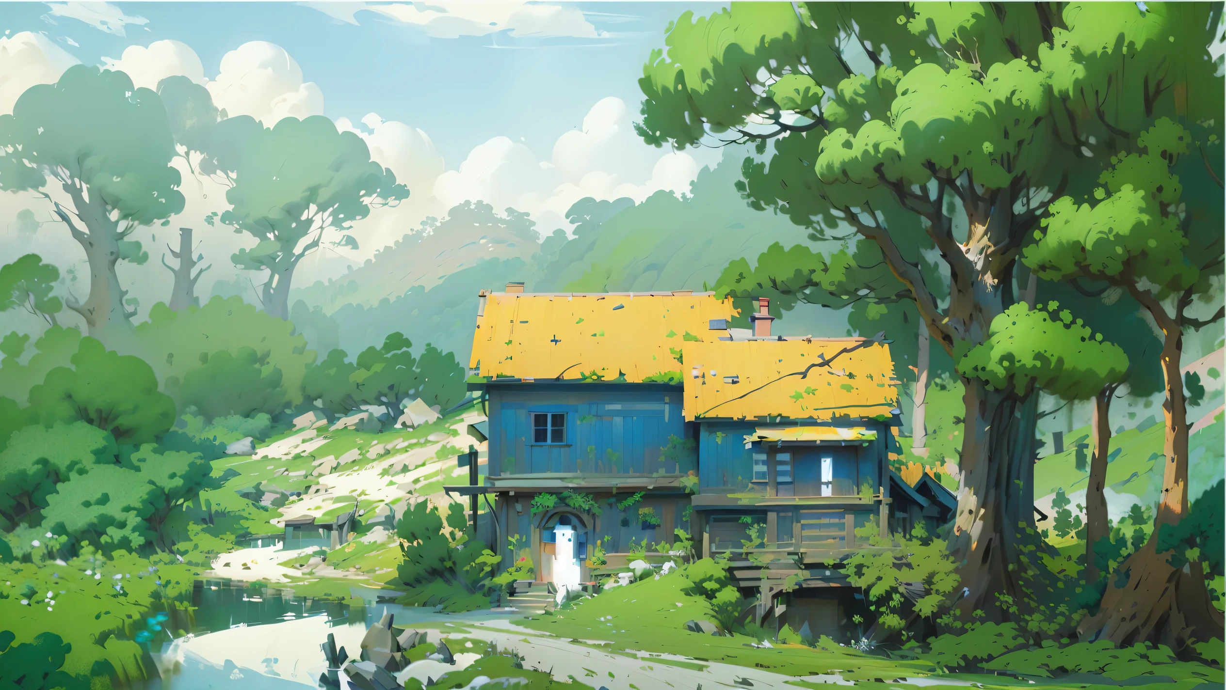 There is a painting，The painting shows a house in the woods and a bird, environmentdesign illustration, Anime rural scenery, 2D game environment design, Stylized digital illustration, background technology, guache, Landscape Game Concept Art, Draw as game concept art, Low Detail. Digital Painting, Painting in an anime artist studio, Ultra-detailed colorful low-polygon art, environment