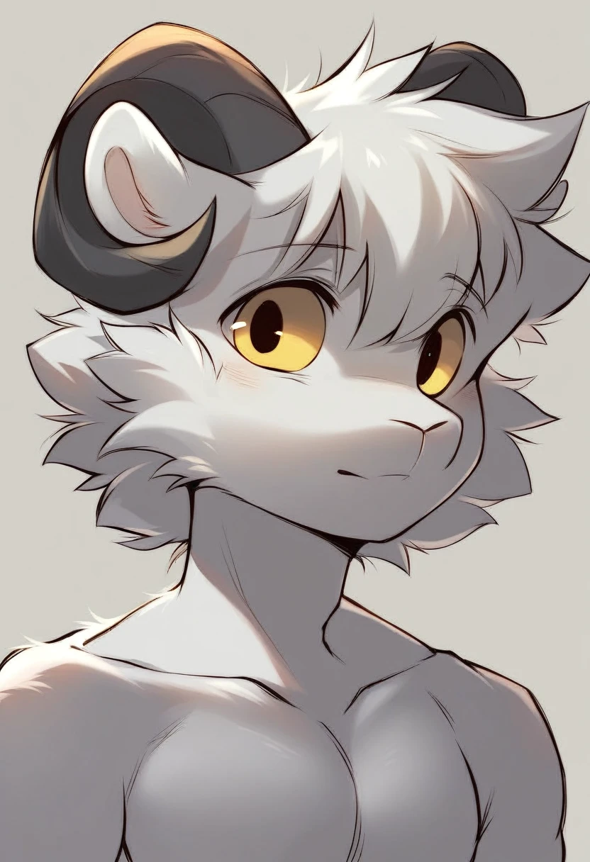 anthro ((male)) ram ((ram)) 4k, high resolution, best quality, posted on e621, solo, anthro body, male, young boy, correct anatomy, (white background), (by wfa:1), (cel shaded, cartoony shading:1.2), black lineart, black outline, flat coloring, ((fullbody)), score_9,score_8_consolation,score_7_consolation,score_6_consolation,score_5_consolation,score_4_consolation, solo anthro furry, cute ram, cute sheep, white fur, white ears, yellow eye, small horn, whole body