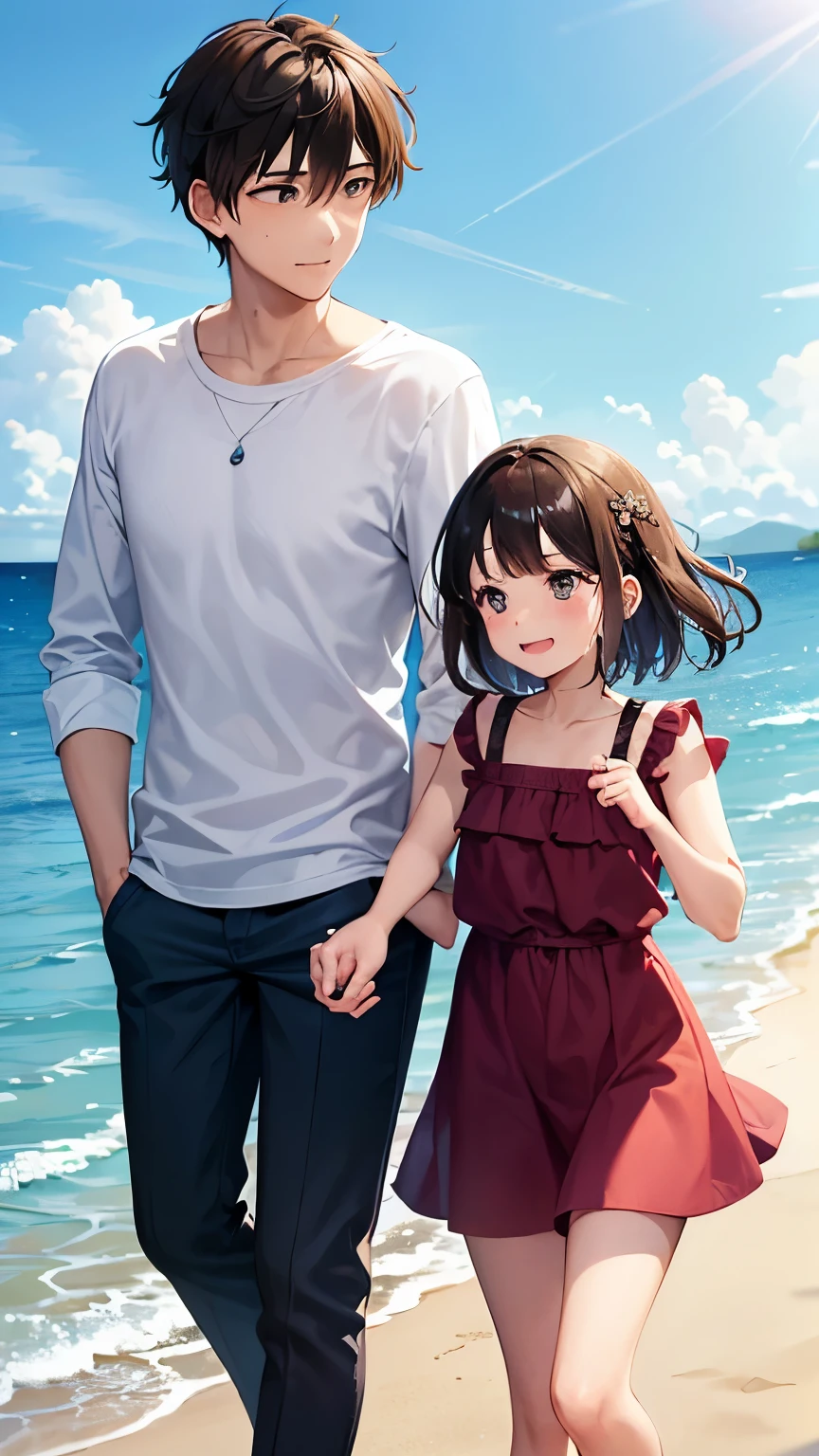 A couple was walking nearest on sea and he boy was crying face expression a tiny waterball drop on eye and girl was smiling 