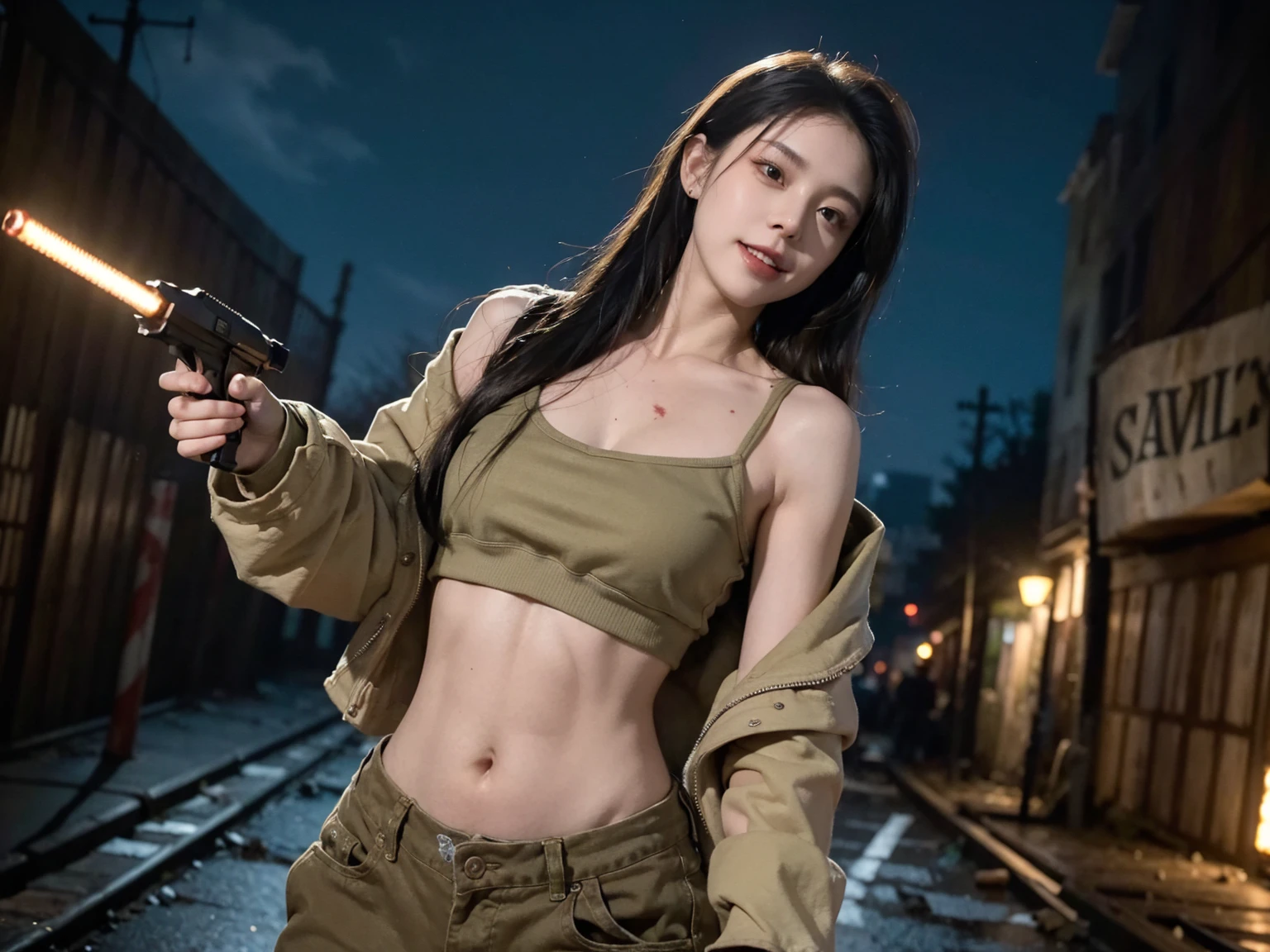 Beautiful woman wearing belly-exposing clothes kills zombies,Lots of wounds on the body,Handheld weapons,her bare midriff exposed as she gazes down at the gory aftermath. Her ripped shirt hangs open, revealing a tantalizing glimpse of toned skin, while the severed zombie heads and scattered limbs around her feet attest to her brutal hand-to-hand combat skills. The desolate, blood-soaked alleyway provides a haunting backdrop for this petite powerhouse,cinematic lighting, masterpiece, accurate, anatomically correct, textured skin, best quality, award winning, 4K, super detail,cowboy_shot,light_smile