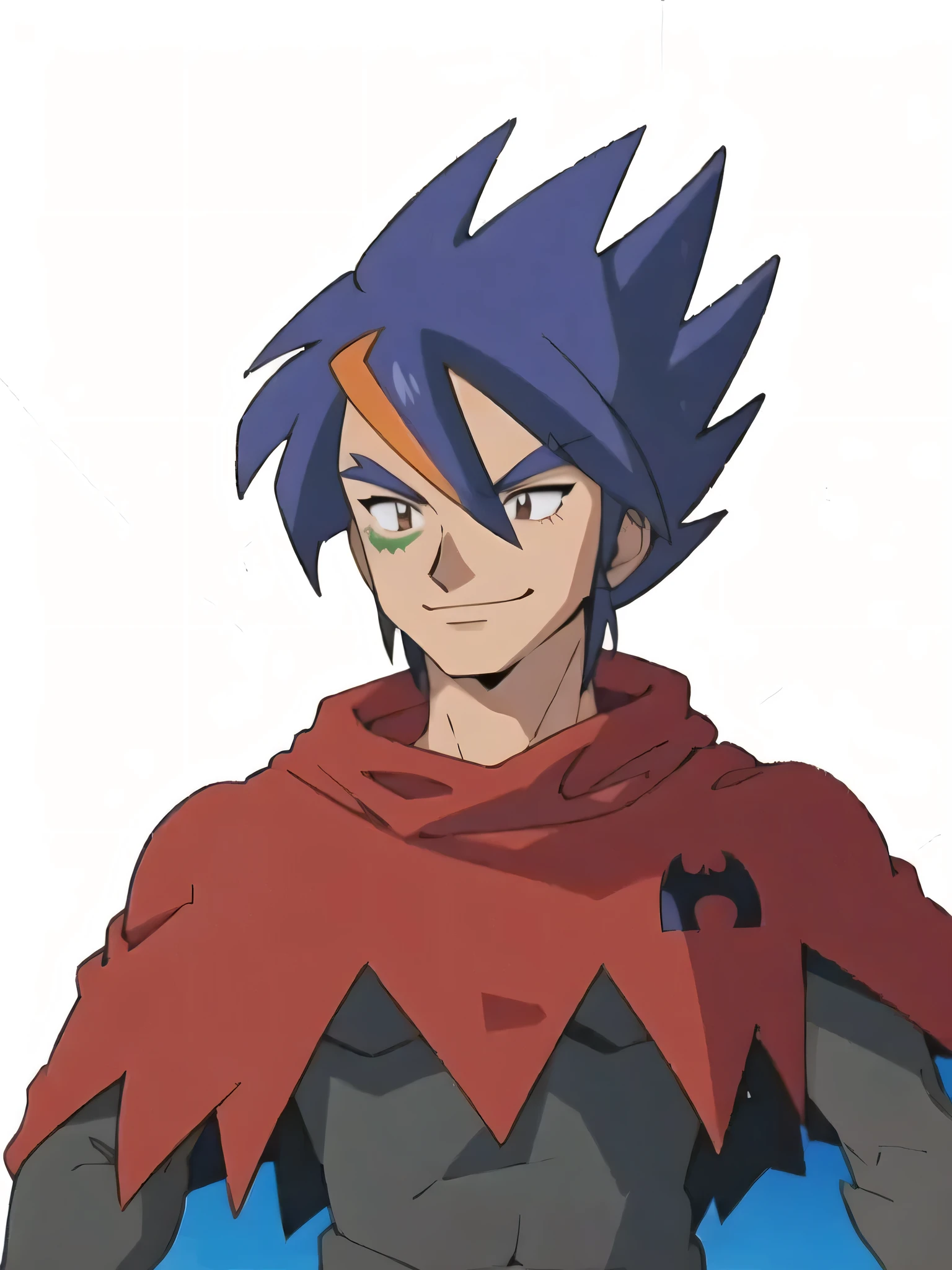 (masterpiece, best quality:1.2,ultra detailed,8k),1boy,solo,Brodie \(pokemon\),brown eyes,blue hair,looking at viewer,,smile,long sleeve,Team Magma,shirt,gloves,spiked hair,tattoo