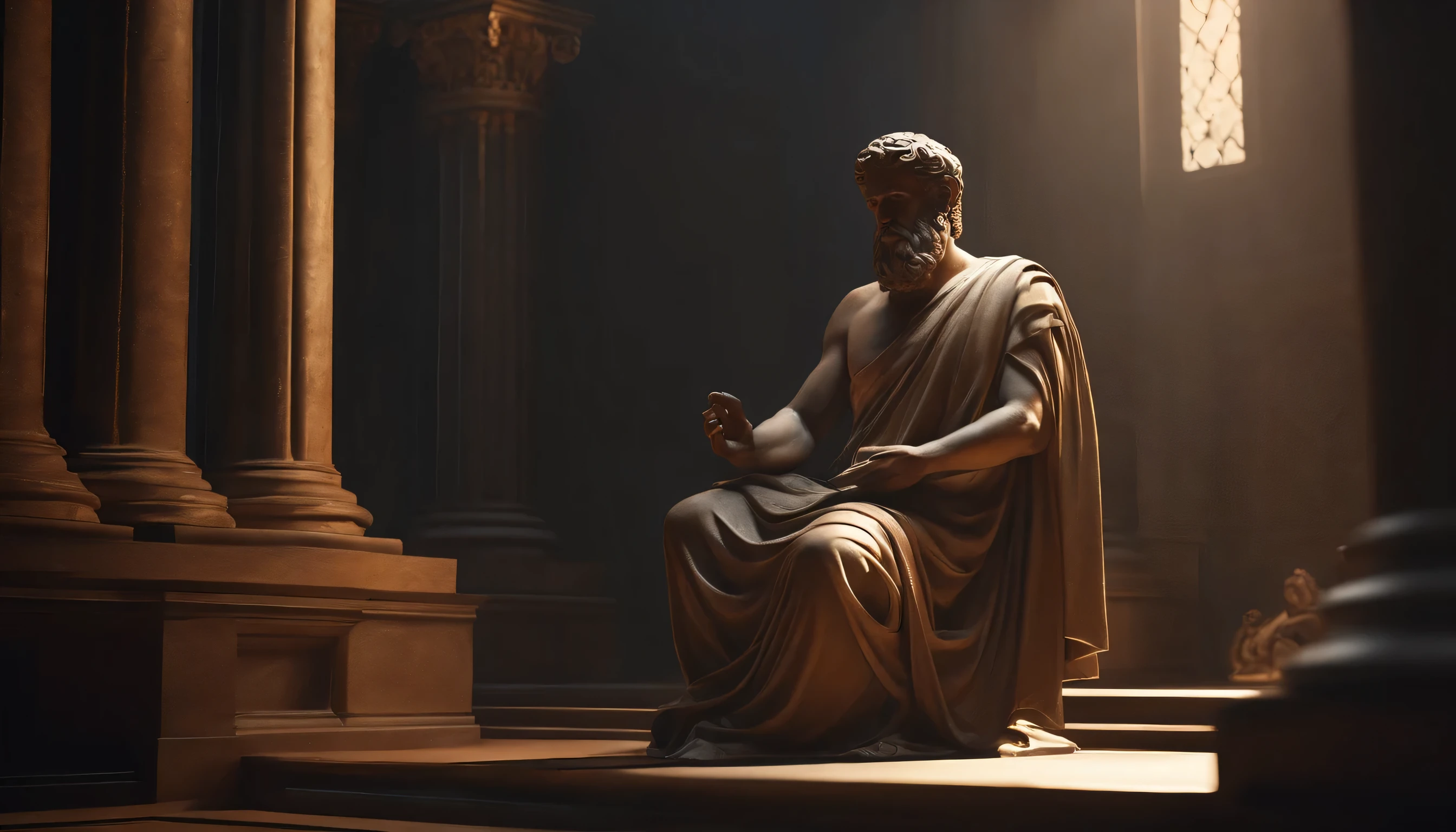 Stoic statue of Greek philosopher, perfect composition, beautiful octane rendering, complex and incredibly detailed, trends on ArtStation, 8K artistic photography, photorrealistic concept art, soft natural volumetric cinematic perfect light, Bright dark, rewarded photography, work of art, oil on canvas, rafael, caravaggio, Greg Rutkowski, beetle, Beksinski, giger black background