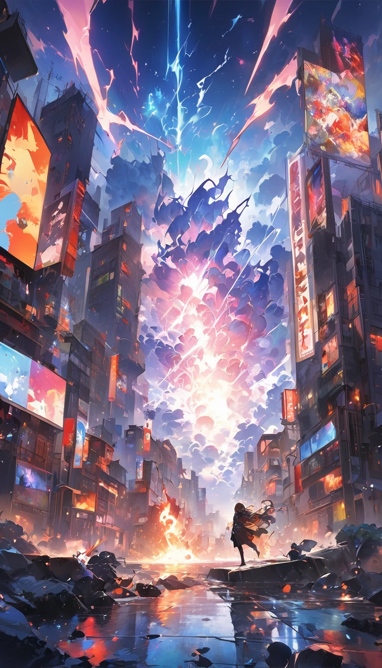 Abstract face in a city landscape, Realist paintings by Marc English , [:Anime Line Art:0.2], The theme is celestial bodies, heat, lightning, and water., epic splash art , Self-sastructing art, , Abstract