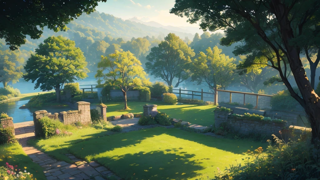 birds eye view of nature with the sun shining in the distance in the uk. The setting has a sunny and a bright atmosphere, with soft lighting casting a gentle glow on the surroundings. anime style
