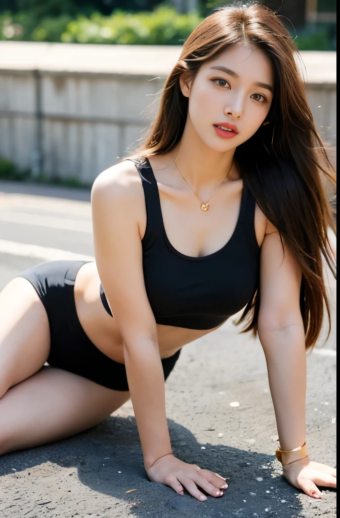 (masterpiece:1.3), (8 thousand, realistic, RAW photos, best quality: 1.4), (1 woman),(((short workout shorts))), (((tank top))), ((두 다리와 양쪽 발에 짙은색 realistic 불투명한 커피색 panty hose : 1.3))), (Stockings on both legs), (((Two beautiful little feet in stockings with sneakers on))), ((full body shot))), (outdoors in sunny weather), (walking like a model), (Beautiful makeover), (((very slim and beautiful body))) , (((Realistic and very beautiful face))), (long eyelashes), (double eyelid), (((Very beautiful eyes, realistic and delicate))), (((big bust))) , (((Strong body through exercise))), (((beautiful abs))), (((Beautiful heaps))), (((tall))), (((brown hair, parted, long hair:1.3))), (아름다운 parted스타일), (realistic and beautiful skin), (absurd), (attractive), (((long hair를 뒤로 묶고))), (ultra high resolution), (extremely realistic), (very detailed), (((golden ratio))), (((Two long, realistic and beautiful legs))), (((realistic and beautiful arms))), (necklace), (earring),(beautiful nails manicure), (((So beautiful and sexy))), (((high nose))), (((small nostrils))), (((beautiful mouth))), (((seductive lips))), (((big bust)))