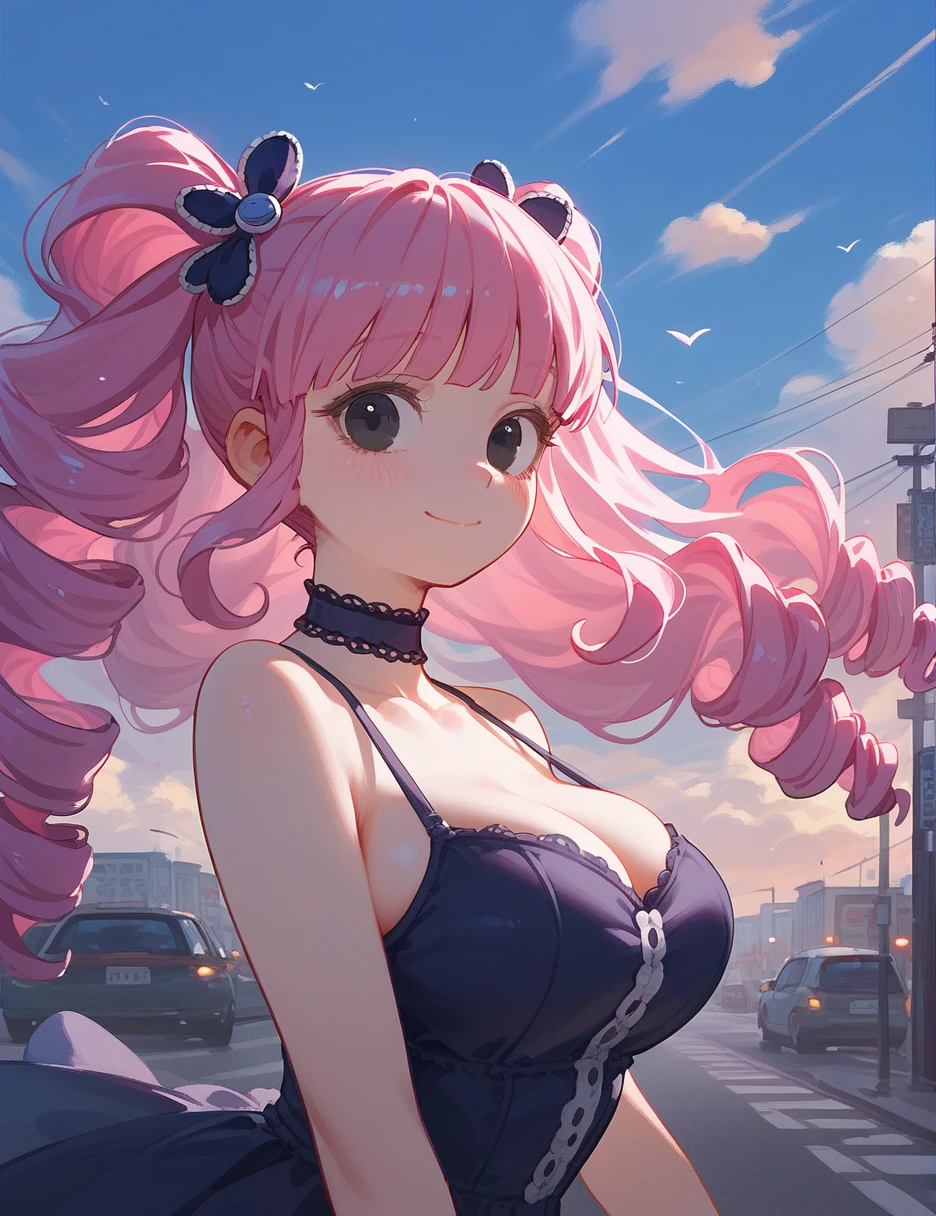 close up, score_9_up,score_8_up, (perona), 1girl, solo, black eyes, pink hair, long hair, Wavy hair, hair drill, blush, closed mouth, smile, big breast, pose, hands, ((dusk)), choker, clouds, ((streets)), wind, thick thighs