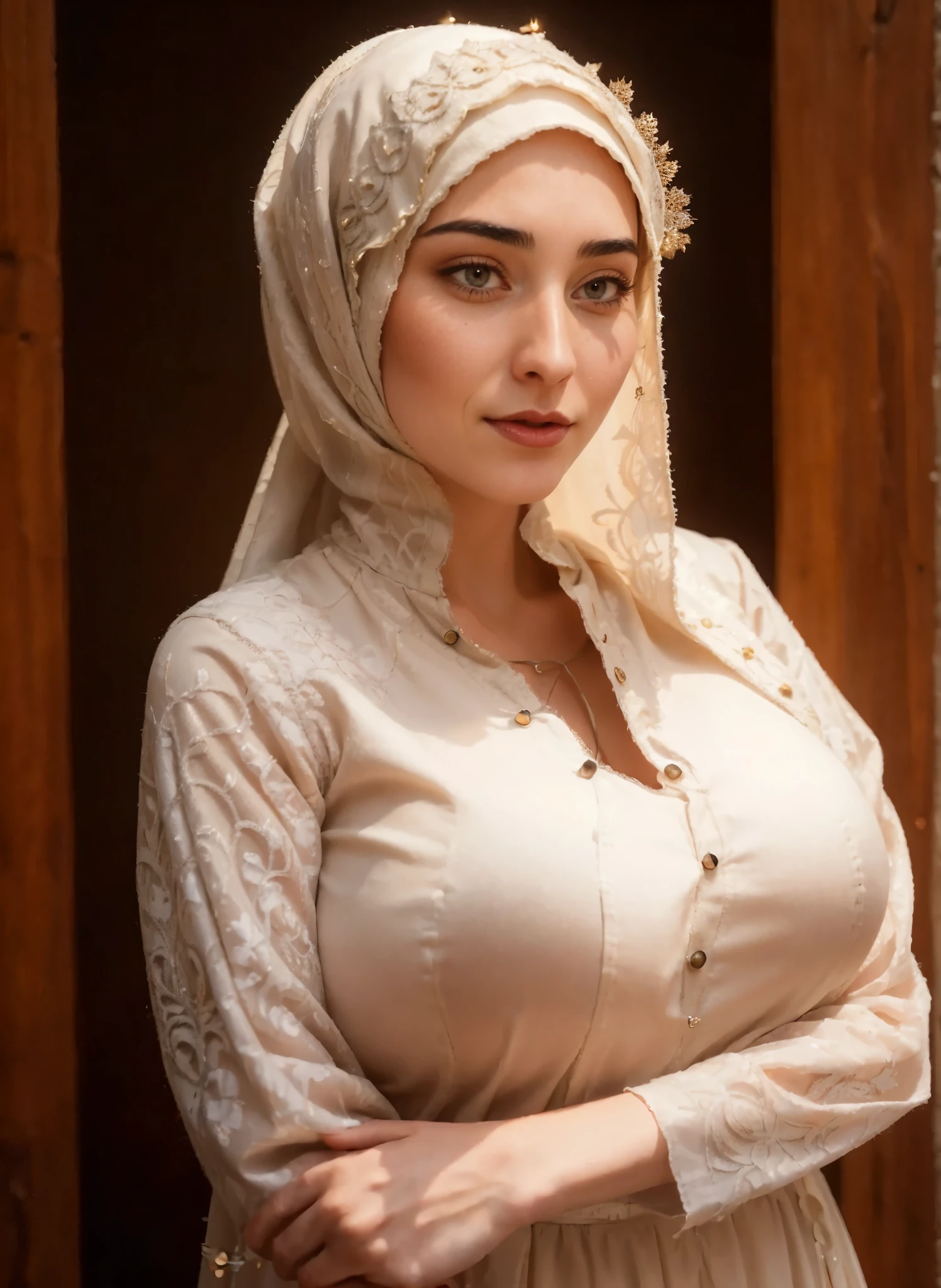 Beautiful and regal, imperious and aloof, busty athletic (thin) brunette queen with sharp facial features wearing a modest updo, dark red medieval dress, long sleeves, intricate patterns, embroidery, wide neck, crown, veil, long dress, modest dress, tight bodice, silver (waist chain), medieval jewelry, Middle Ages, castle, rampart, wall, exterior, on top of a castle wall, trees, countryside, evening, sunset.