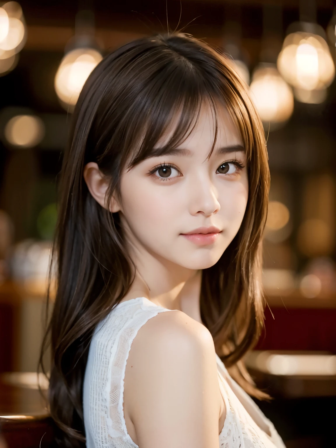 ((best quality, 8k, masterpiece: 1.3, RAW photos)), sharp focus: 1.2, (1 aespa girl: 1.2), masterpiece, best quality, realistic, very detailed, small details, high resolution, 8k 배경화면, 1 beautiful woman, Please wear casual attire., In a great restaurant, At night, light brown messy hair, Short hair、Complete dynamic configuration, Detailed and beautiful eyes