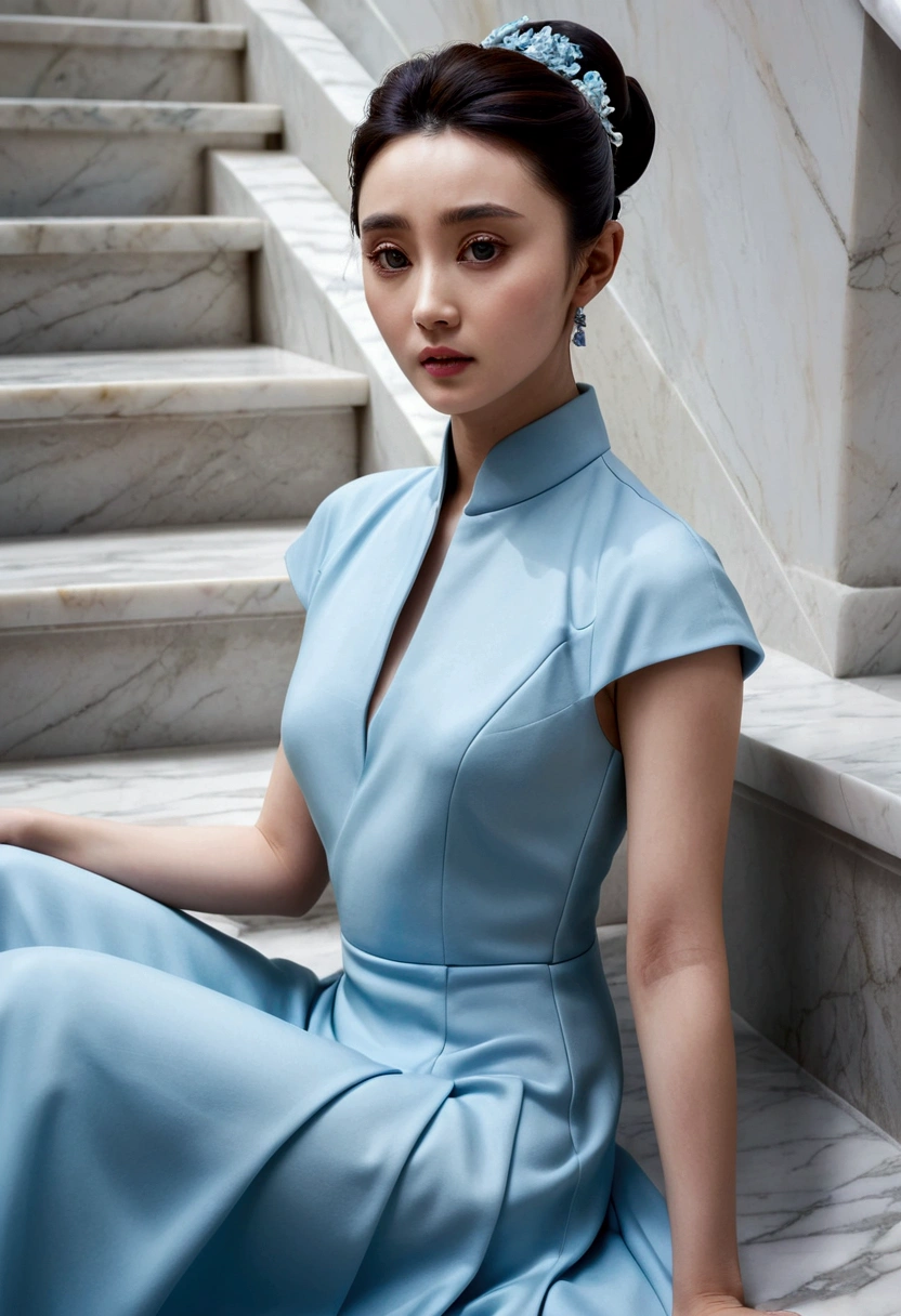 Close-up of a person in a blue dress sitting on the stairs, Marble sculpture, Realistic painting, Empty mountain base, Fan Bingbing, Wearing a light blue suit, Li Bingbing, Jinnah Chan, Korean Audrey Hepburn Automata