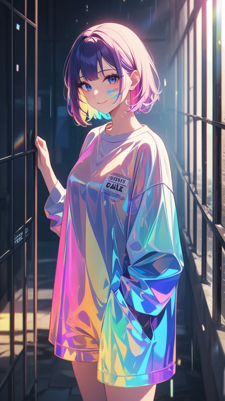 Masterpiece, best quality, 1girl, jail clothing, inside jail, dramatic lighting, moody atmosphere, cinematic, dark tones, prismatic, holographic,chromati caberration, transparent colorvinyl clothing, whole body, glitchlump} on face, smile, medium hair, filmg rain, lens_flare, colorful, chromati caberration,Intense emotional expression:death, glitchart, ultra-detailed, extremely delicateand beautiful, albumcover, album, album description, Pixilation on face, Double exposure, Chromatic Aberration, Lightleaks, Noise and grain,Color degradation, Glitch lettering, art, abstractart, geometry, clearlines, squares, bright, limited palette,{canonicalcomposition},neat diagonal,{limited palette},flat colored,