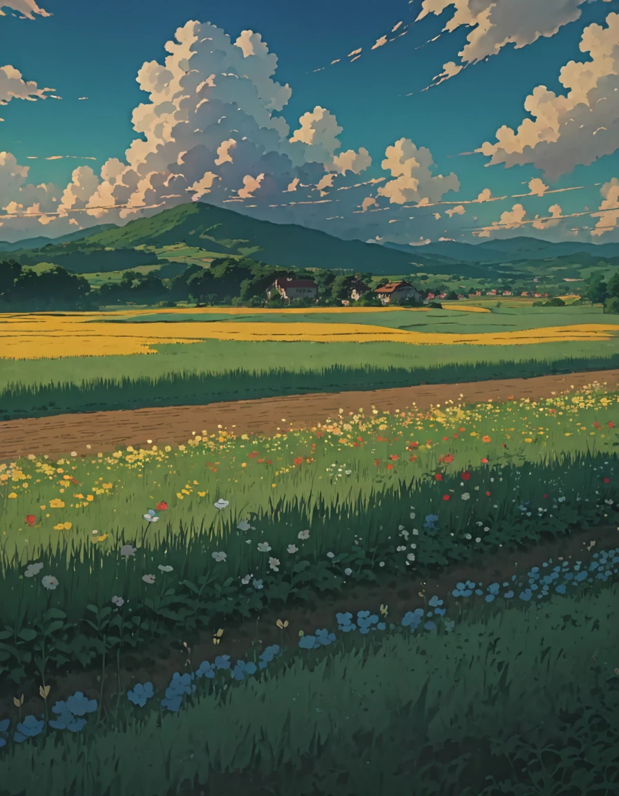 Masterpiece 8k Studio ghibli a field with flowers clouds shadow, 8khdr    sol     ilumination!!!!     