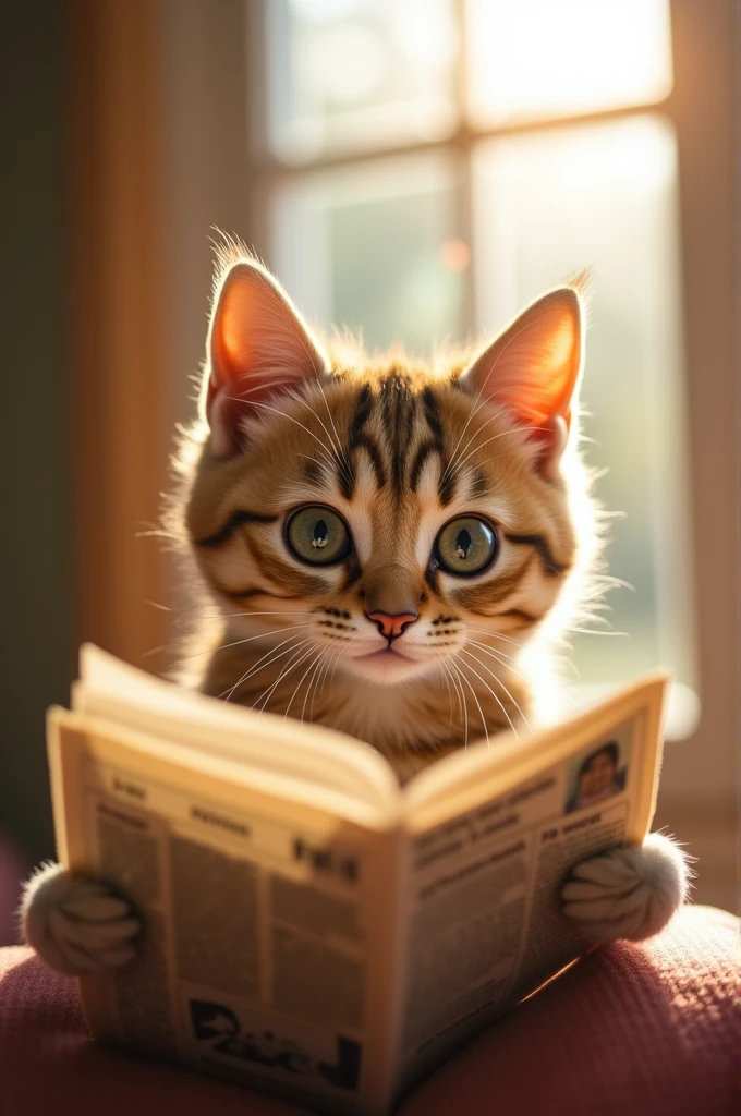 Cute cat with round eyes,read the newspaper, Sunshine outside the window