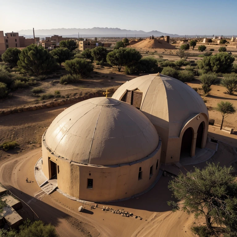 african coptic church , mud brick material , golden dome