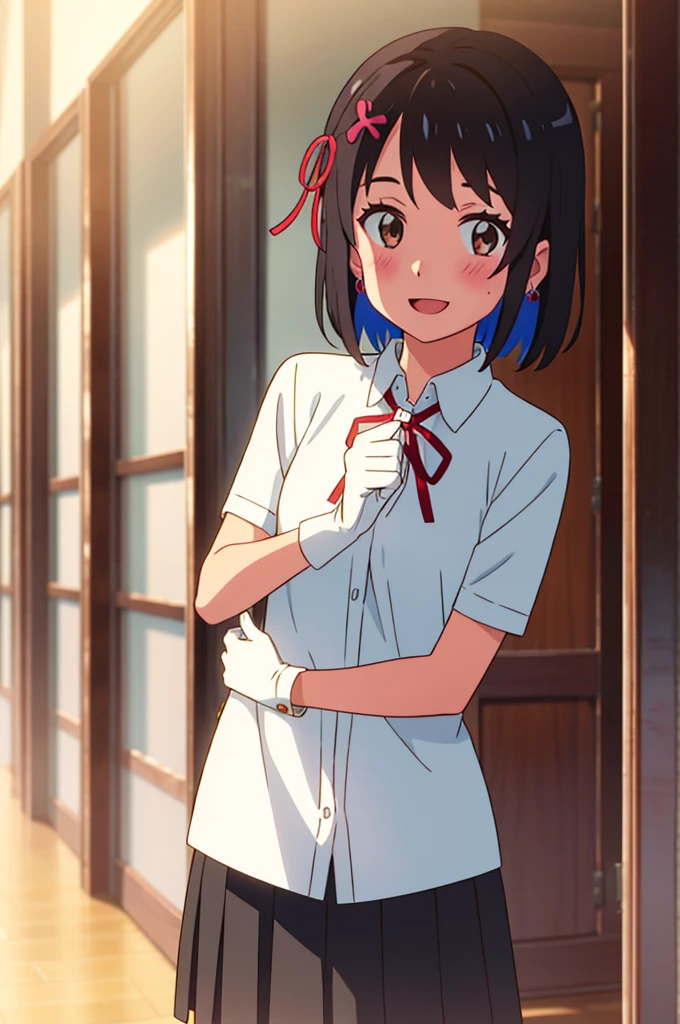 shinkai makoto, kimi no na wa., 1girl, bangs, black hair, blush, brown eyes, perfect face, looking at the viewer, cute outfits, detached collar, red ribbon, short hair, solo, shinny skin, smile, cute, open mouth, :D, (masterpiece), best quality, honestly, hair ornaments, ring, jewellery, ear rings, white gloves, elbow gloves, multicolored skirt, standing