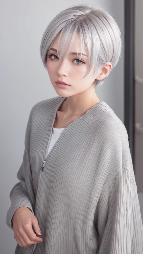 {Masterpiece}, (Best Quality), Details, {{1 girl}}, (Silver hair), (Bangs), (Tired hair), (Short hair: 1.3), (Beautiful girl), (dark blue eyes), (Eyelashes), (Small: 1.2), (White shirt), {{Open Shirt}}, Stand up and laugh