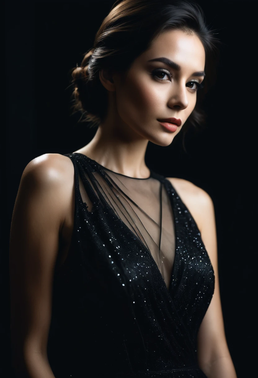 dark shot, film grain, A close up of a woman in a beautiful black dress and a black background, ultra clear, high quality