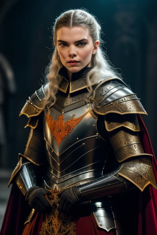 35mm film photography, Christian Bale portraying Dracula in ornate black armor, positioned between Eva Green, red-eyed and fierce in polished knight armor, and Anya Taylor-Joy, with striking white hair in a beautifully crafted knight armor, with a full moon casting an eerie glow behind them., high detail, gold glow bright orange color palette