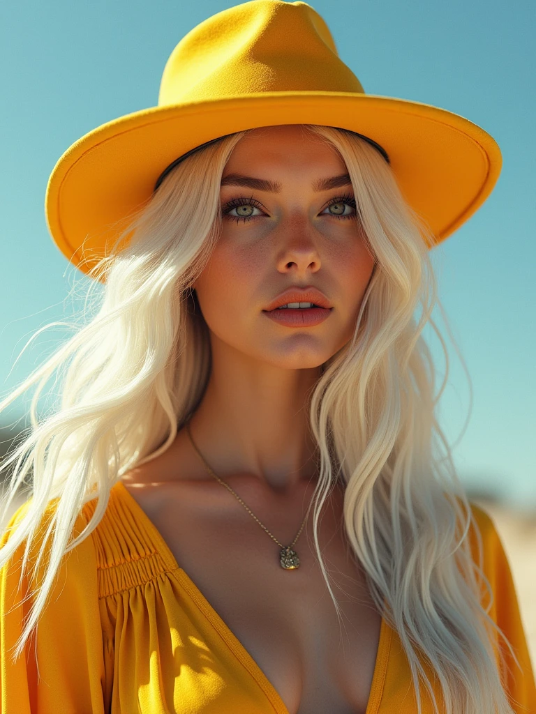 Hasselblad 907X state_of-art shoot photography quality:2.1，add_very_intricate_details:1.2，amazing unreal-engine:2.8，Ultra-realistic very intricate eyes:2.0，Very Detailed Long White Hair Not repetitive:2.8，extrathin body hair that stands out in the sun's rays:1.2，K，photo-realistic:3.0，Very Intricate Skin texture and realistic:2.4，masterpiece:1.4，Very Gorgeous Beautiful woman look-a-like Taylor Swift in wide hot-fashion hat，cowboys，focus_on_details:0.6，，Yellow cyberpunk-style microshorts，Red pantyhose，The miniskirt is blue，Showing tongue and derrier