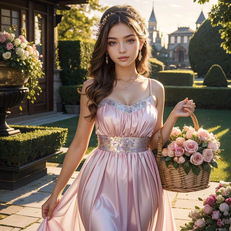 (​masterpiece, best quality:1.5), highest quality, High resolution, super detailed, Realists, Upper body photo of an 18 year old flower girl, detailed and beautiful eyes, beautiful detailed lips, very detailed eyes and face, longeyelashes, 18-year-old woman in a short pink sparkling rhinestone dress (The sequin) made of shiny satin fabric, Beautiful and colorful makeup, elegant and noble々Pose,shiny satin headband, grind, Holding flowers, Gardens as background, soft daylight, bright colors, fine brushstrokes, Portrait style, Noble details in the dress fabric, beautiful color palette, glowing skin, First-class rendering, that captures every detail, enchanting atmosphere, subtle shadows and lights, (perfect anatomy:1.2), (The two stunning 18-year-old flower girls carry baskets of rose petals. (magnificent panorama view:1.2)
