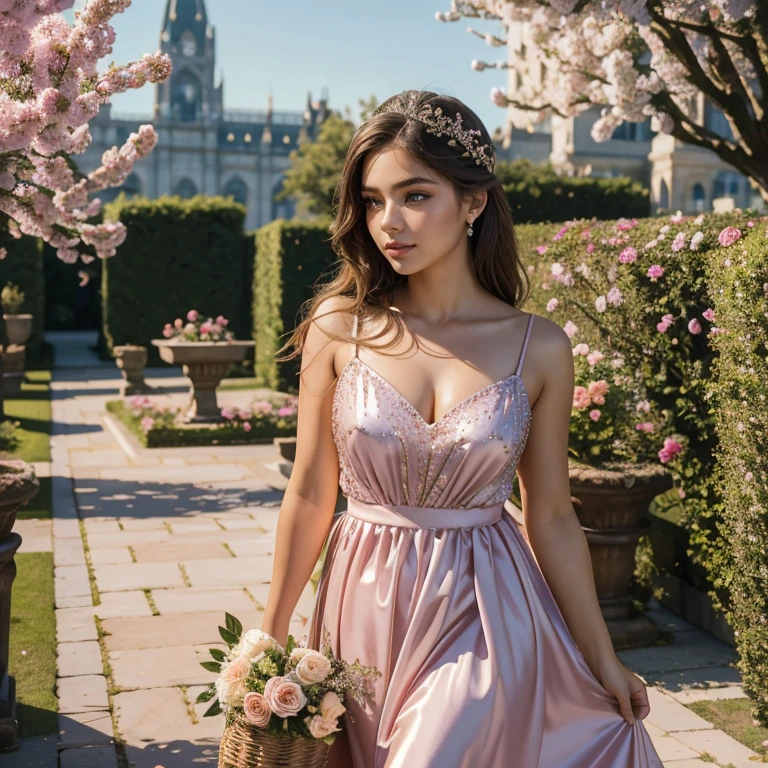 (masterpiece, best quality:1.5), highest quality, High resolution, super detailed, Realists, Upper body photo of an 18 year old flower girl, detailed and beautiful eyes, beautiful detailed lips, very detailed eyes and face, longeyelashes, 18-year-old woman in a short pink sparkling rhinestone dress (The sequin) made of shiny satin fabric, Beautiful and colorful makeup, elegant and noble々Pose,shiny satin headband, grind, Holding flowers, Gardens as background, soft daylight, bright colors, fine brushstrokes, Portrait style, Noble details in the dress fabric, beautiful color palette, glowing skin, First-class rendering, that captures every detail, enchanting atmosphere, subtle shadows and lights, (perfect anatomy:1.2), (The two stunning 18-year-old flower girls carry baskets of rose petals. (magnificent panorama view:1.2)