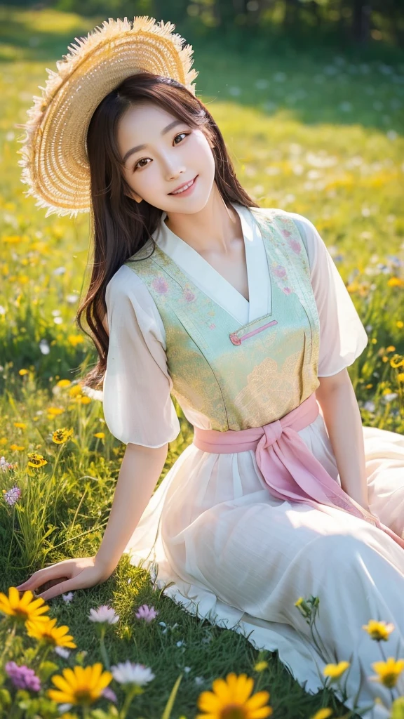 A 28-year-old beautiful Korean idol woman sitting in a sun-drenched meadow, detailed beautiful eyes, detailed beautiful face and smile, golden hour shot, her traditional Korean dress of green, pink, and white harmonizing with the vibrant wildflowers around her, while delicate textures of petals and grass contrast with the rich, embodying freedom, half body shot.