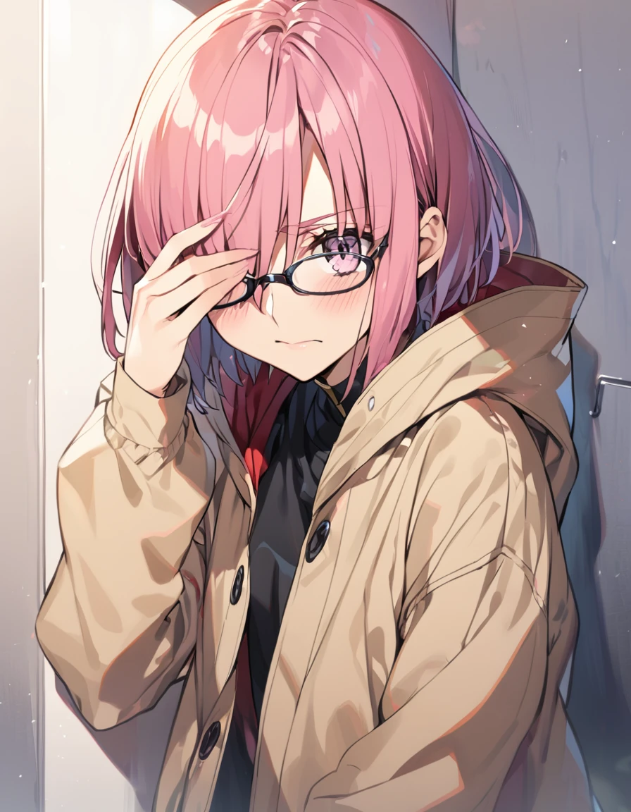 1girl(fate grand order, Mash,  Hiding one eye, pink short hair, glasses, black uniform, Beige Parka)
