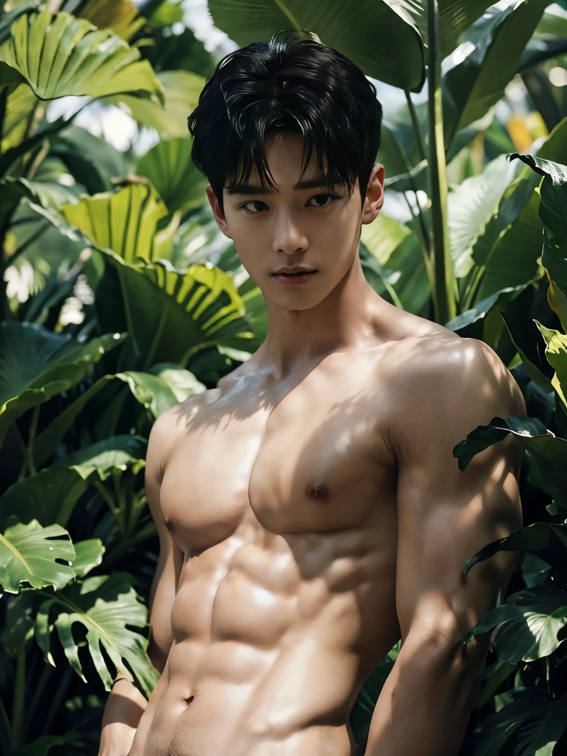 (A cute boy:1.1,Nude posing:1.1,photoPractical:1.5), (best quality,4K,8k,high resolution,masterpiece:1.2), Extremely detailed, Practical:1.5, professional, Bright colors, Bokeh, Clear focus, Physically Based Rendering, young, slim的, slim, Light muscle definition, Perfect Hands, Studio Lighting, Lush greenery, Playful expression, innocenteyes, soft skin, gentlesunlight, Morning Dew, Subtle shadows, Warm colors, full-body shot,