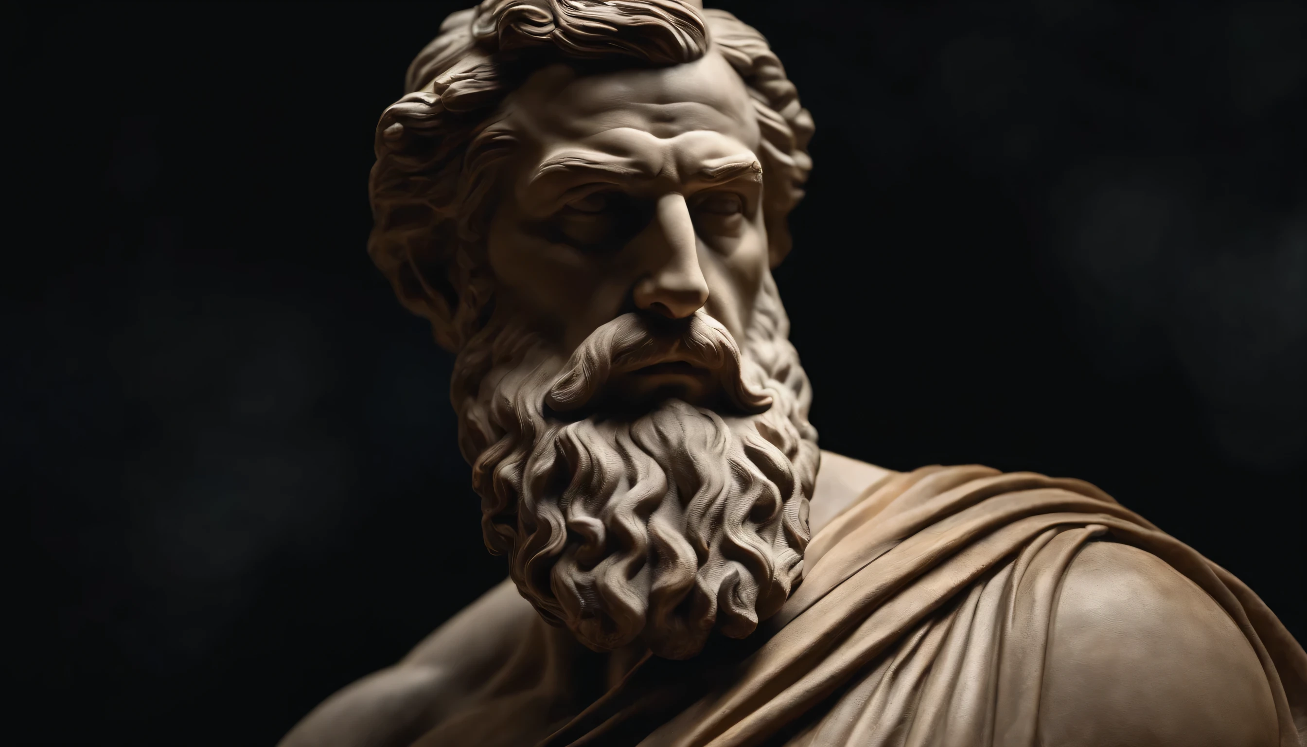 Muscular statue of Greek philosopher, Large Beard, cinematic, darkness background, 8k, ultra realistic, scene from 2 thousand years ago