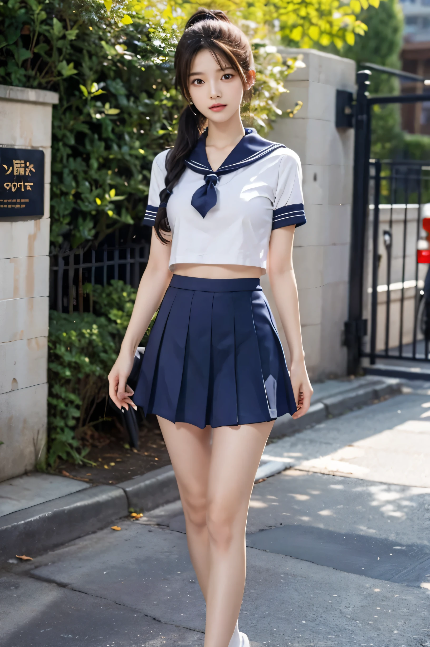 (Ultra HD), (Short-sleeved sailor uniform, Navy blue short skirt), Big Breasts, slender, Narrow waist, (The belly button is visible:1.0), whole body, Standing posture, (Clean and shiny skin, Whitening, No makeup), (Super slim face, Super beautiful face), (ponytail, Layered Cut, Fluffy hair), (double eyelid, Slanted Eyes), Small Nose, Thin lips, Thin legs, In front of the school gate, evening