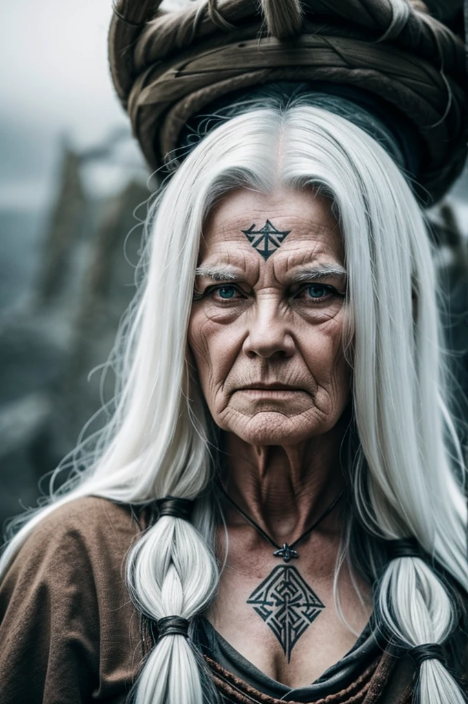 Old Viking woman with long white hair and rune tattoos being possessed by the spirits of the Viking gods