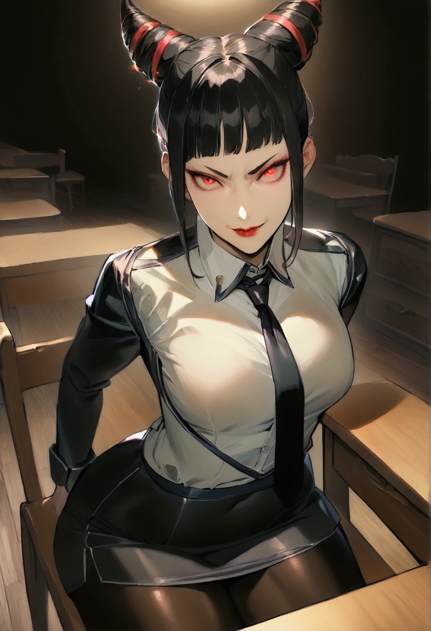 Juri Han, Artwork, fitted white secretary shirt with black tie, mini skirt short, skirt short,black tights, Bblack hair, blackstockings,Evil smile,desk,bangs on the eyes,Lighting,horn of hair,red eyes glowing,neckleace,labiaa,sultry posing,sitting on a chair
