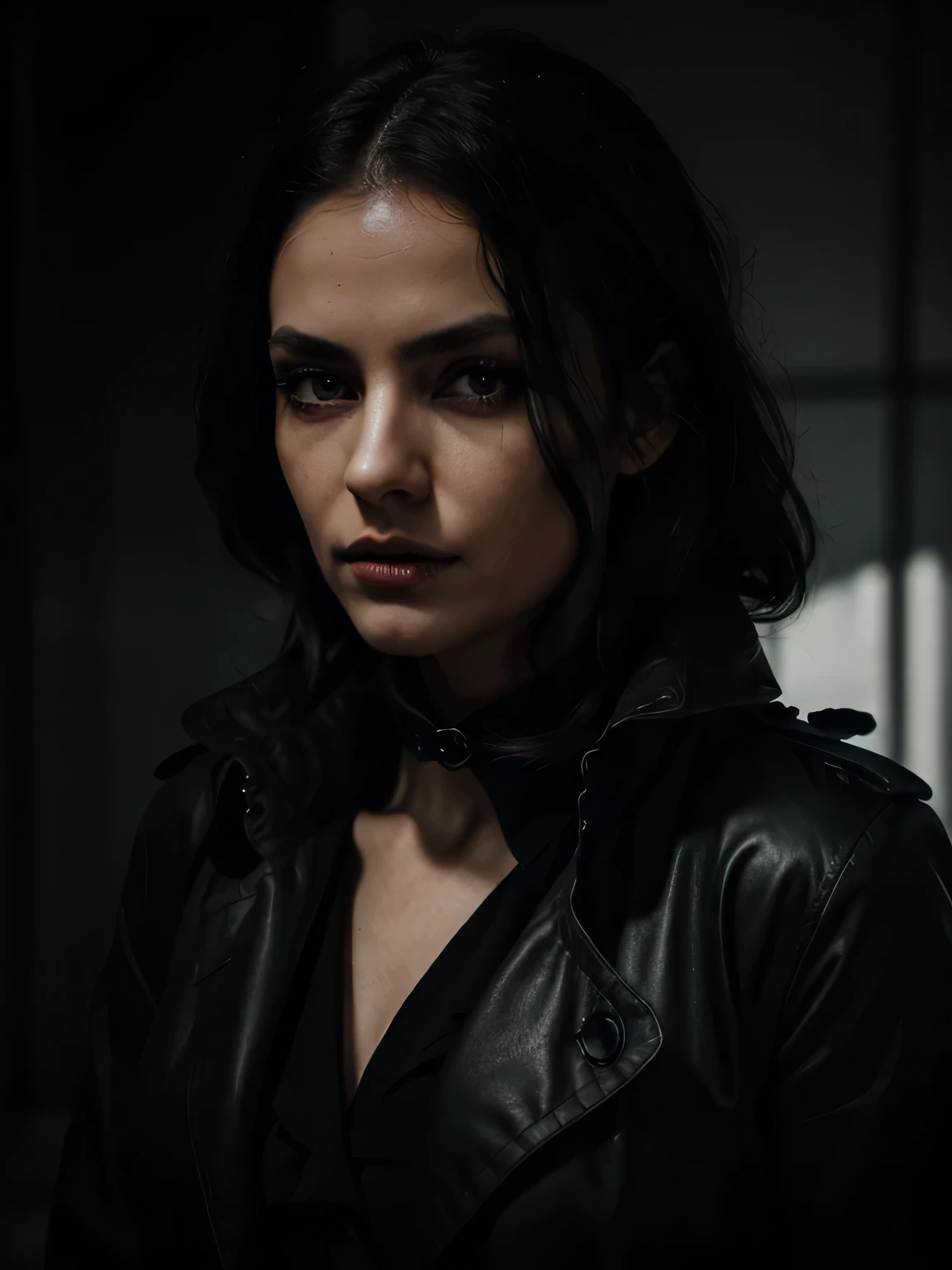 a woman in a black trench coat, bound and gagged, detailed face, beautiful detailed eyes, beautiful detailed lips, extremely detailed eyes and face, long eyelashes, photorealistic, dramatic lighting, dark and moody atmosphere, high contrast, cinematic, chiaroscuro lighting, mystery, suspense