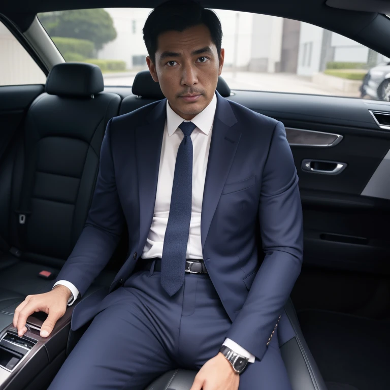 50 years old,One Man,Navy blue suit,Inside the car、squat、Tall dark-skinned man、Dark Asian face,muscle,Gay ,7:3 parting / all back,Stubble、spread your legs and stick your butt out、erection、、Stubble,Asian man's face,Hermes Belt。Black socks、View from the front