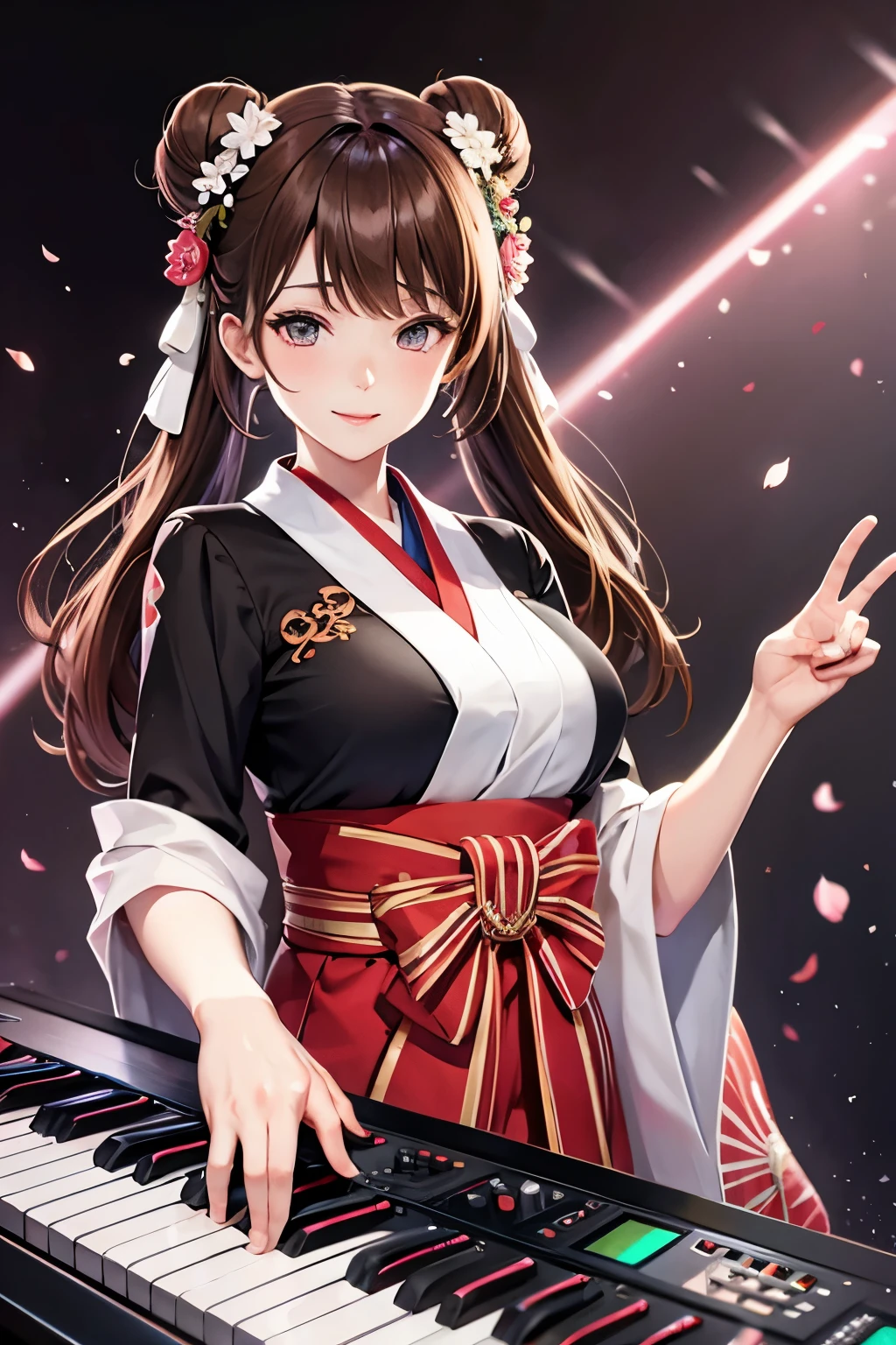 Top quality, ample limbs, perfect fingers, slender beauty, twin-tailed bun hairstyle, brown hair, Deresute, A costume of Floral haori and minihakama with a flashy pattern,Band instrumentskeyboard, beautiful large breasts, live stage, Playing Band InstrumentsKeyboard