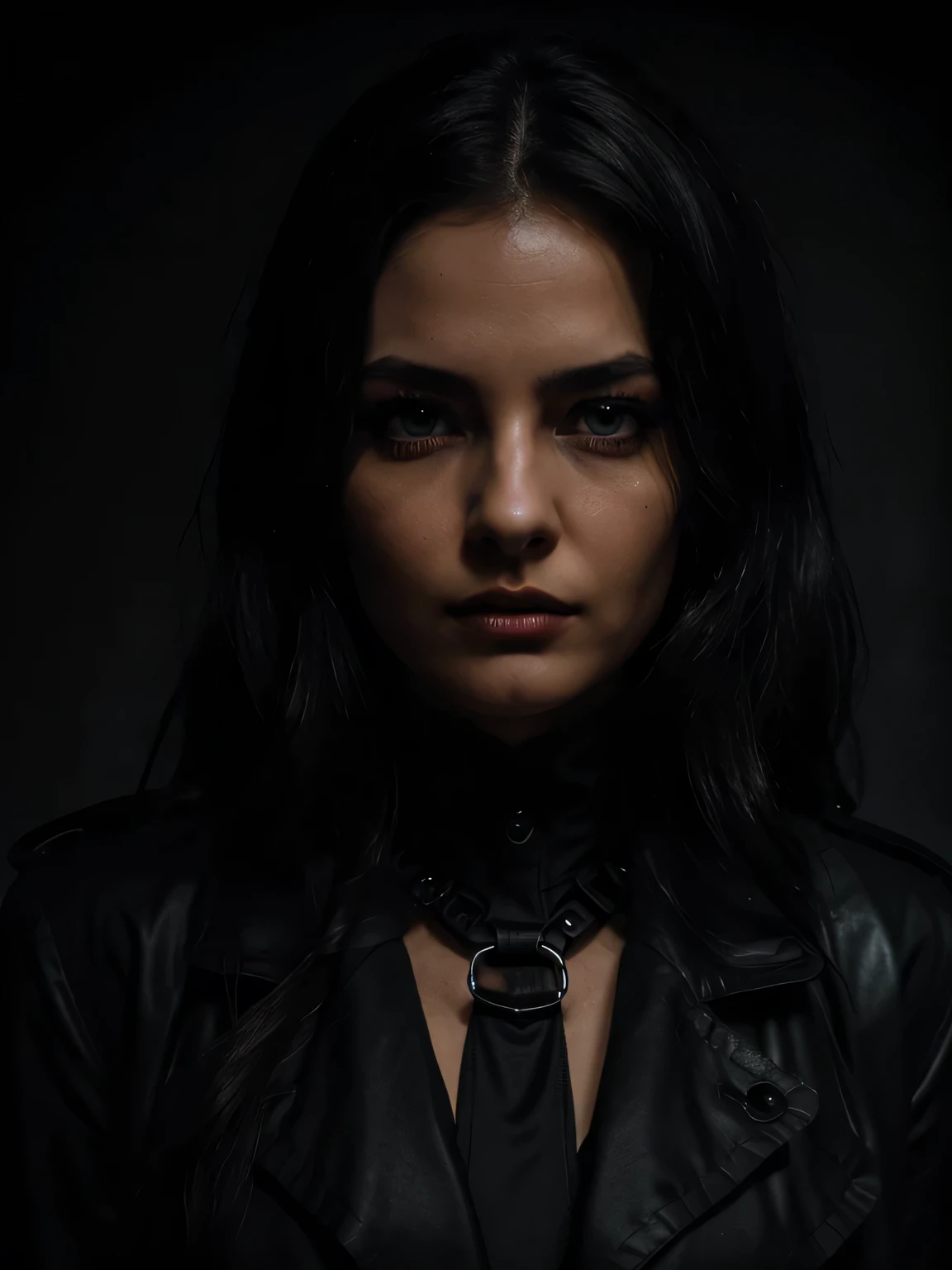 a woman in a black trench coat, bound and gagged, detailed face, beautiful detailed eyes, beautiful detailed lips, extremely detailed eyes and face, long eyelashes, photorealistic, dramatic lighting, dark and moody atmosphere, high contrast, cinematic, chiaroscuro lighting, mystery, suspense