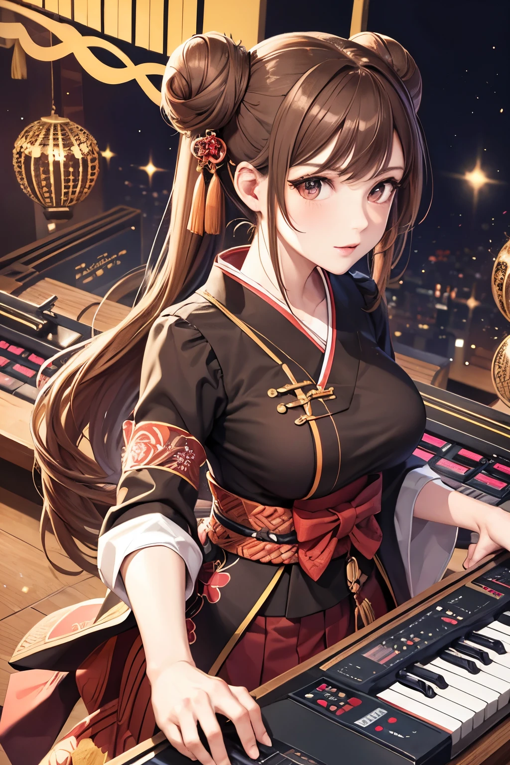 Top quality, ample limbs, perfect fingers, slender beauty, twin-tailed bun hairstyle, brown hair, Deresute, A costume of haori and hakama with a flashy pattern,Band instrumentskeyboard, beautiful large breasts, live stage, Playing Band InstrumentsKeyboard