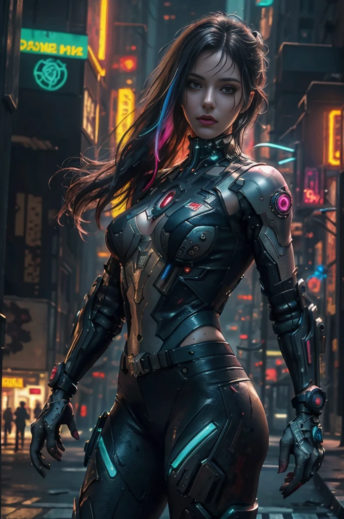(realistic:1.4) Images of cyberpunk girls, (top quality, 8k, 32K, masterpiece) , (dynamic pose), ((facing the camera)), cowboy shot, sloppy hair, colorful hair, Gorgeous cyberpunk fashion wear, ,Depth of field F/1.8, cyberpunk city background, movie lights.