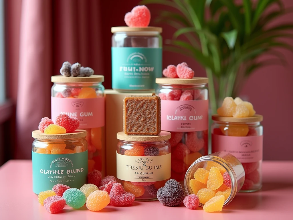 chic candy bar, wine gums, fruit gums, colorful, in candy jars, nicely decorated