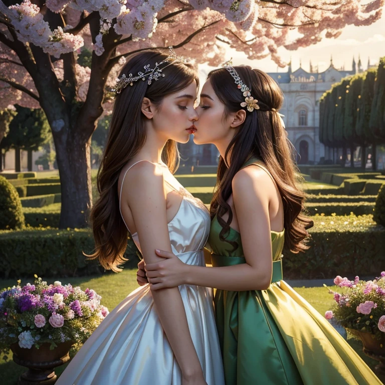 (masterpiece, best quality:1.5), highest quality, High resolution, super detailed, Realists, Upper body photo of a brunette young girl, detailed and beautiful eyes, beautiful detailed lips, very detailed eyes and face, longeyelashes, Jubge girls short dress made of shiny satin fabric, Beautiful and colorful makeup, elegant and noble々Pose,shiny satin headband, grind, Holding flowers, Gardens as background, soft daylight, bright colors, fine brushstrokes, Portrait style, Noble details in the dress fabric, beautiful color palette, glowing skin, First-class rendering, that captures every detail, enchanting atmosphere, subtle shadows and lights, (perfect anatomy:1.2), (The two stunning young girls are deeply in love, (kiss:1.2), (magnificent panorama view:1.2)