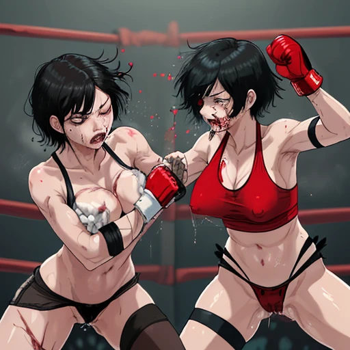 punch, punch, punch. life or death struggle. survival dynamic exciting bloody battle in the octagon ring. whole body picture. two bloody beautiful Japanese female fighters are looking at each eyes. they are beating each other so hard. They are banging their punches against their opponents. Blood is dripping from their nose. they are covered in scars and bruises. they are damaged terribry. Short-cut black hair, out of breath, drooling from mouth, one eye closed, exhausted, drenched in sweat. Erect nipples. open finger glove. sports-bra, high-leg panty. Stockings. arm-covers. Excellent proportion body.