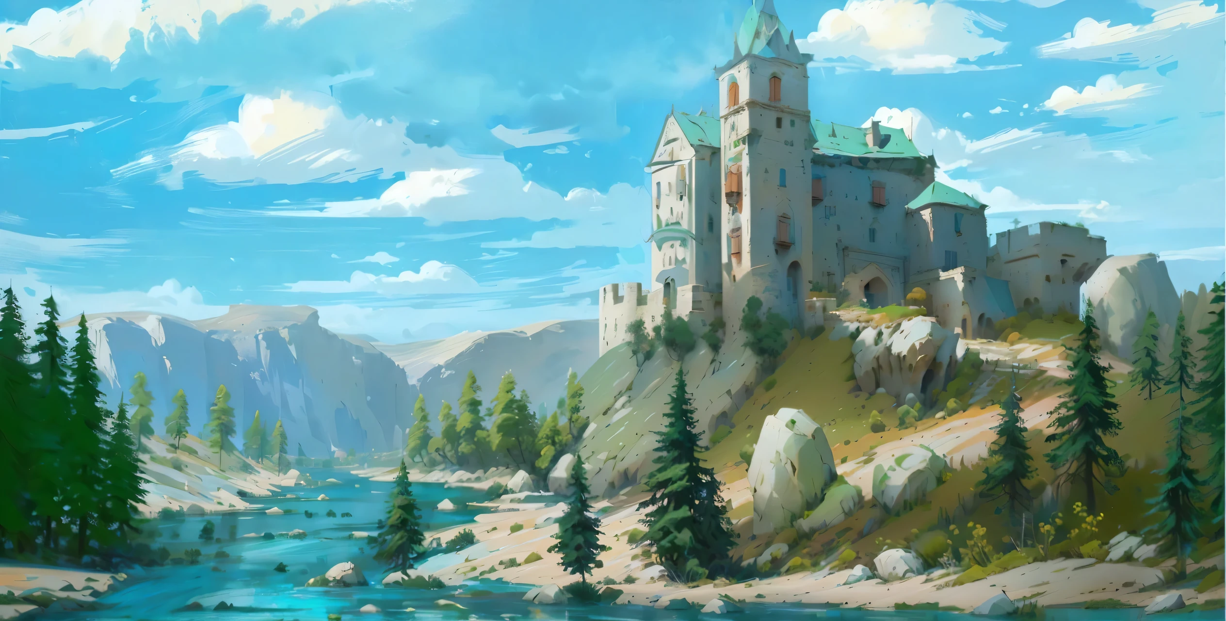 The painting shows a castle on a hill，There is a river in the foreground, environment painting, Draw as game concept art, Painting Concept Art, Digital Painting Concept Art, Castle Background, Detailed digital painting, Environmental Art, guache, Landscape Game Concept Art, Inspired by Luigi Casimir (Luigi Kasimir), Stylized Painting, stylized concept art, Very detailed numbers