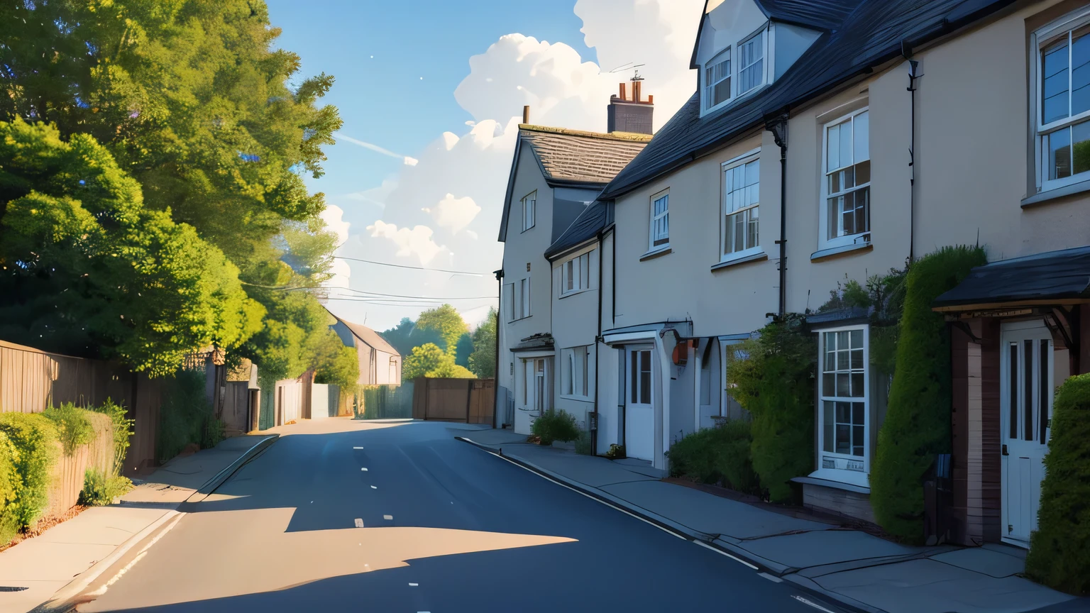 outside a house in the UK, no humans or cars. The setting has a sunny and a bright atmosphere, with soft lighting casting a gentle glow on the surroundings. anime style