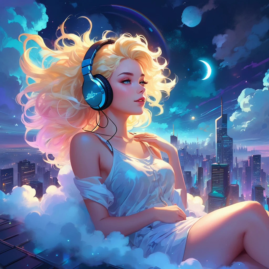 a beautiful 20 year old blonde woman with big messy hair laying down on a cloud in the sky floating over a cityscape at night, wearing headphones, twinkling stars and glowing moon, fantasy art style, rossdraws cartoon vibrant, cyberpunk, cute detailed digital art, colorfull digital fantasy art, digital fantasy art ), glossy digital painting, rossdraws pastel vibrant, rossdraws 2. 5, rossdraws 1. 0