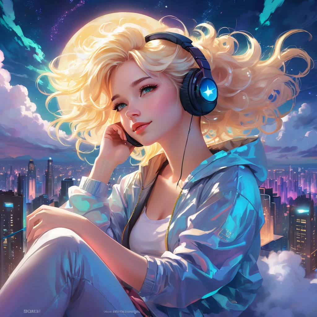 a beautiful 20 year old blonde woman with big messy hair laying down on a cloud in the sky floating over a cityscape at night, wearing headphones, twinkling stars and glowing moon, fantasy art style, rossdraws cartoon vibrant, cyberpunk, cute detailed digital art, colorfull digital fantasy art, digital fantasy art ), glossy digital painting, rossdraws pastel vibrant, rossdraws 2. 5, rossdraws 1. 0