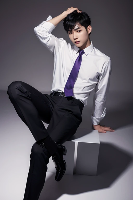 solo , 1man , thai man Short hair , white shirt with collar , purple necktie , black Long pants , Full body photo , hand on head