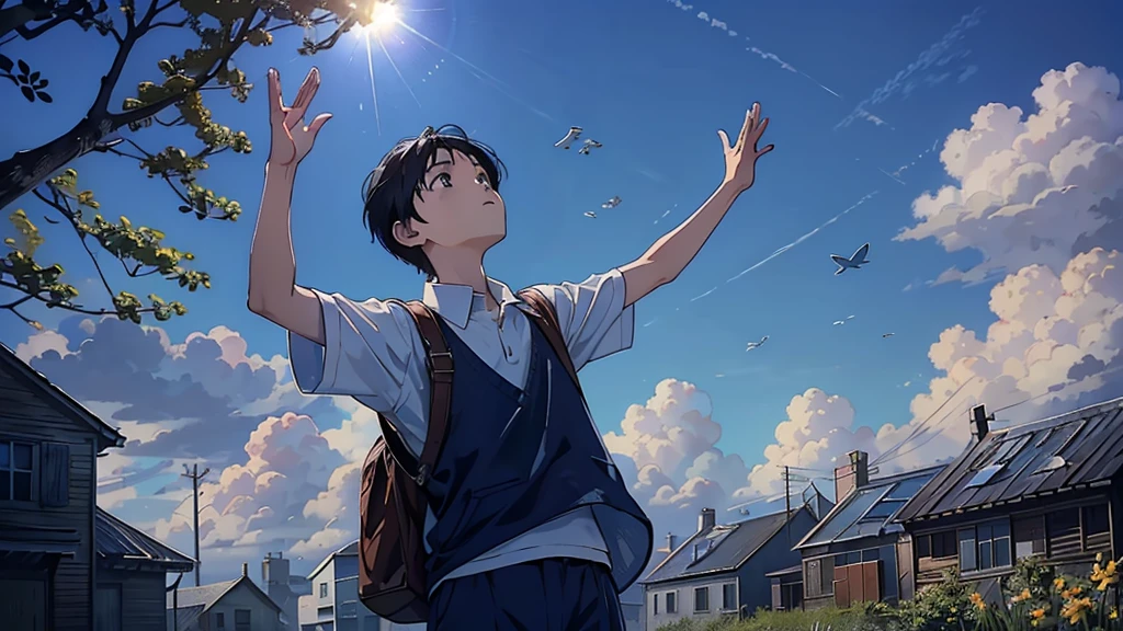 A sunny day with a fantastic, pale spring sunshine.。Insects are flying all over the place。A boy looks up at the blue sky and holds his hands up to the sky。
